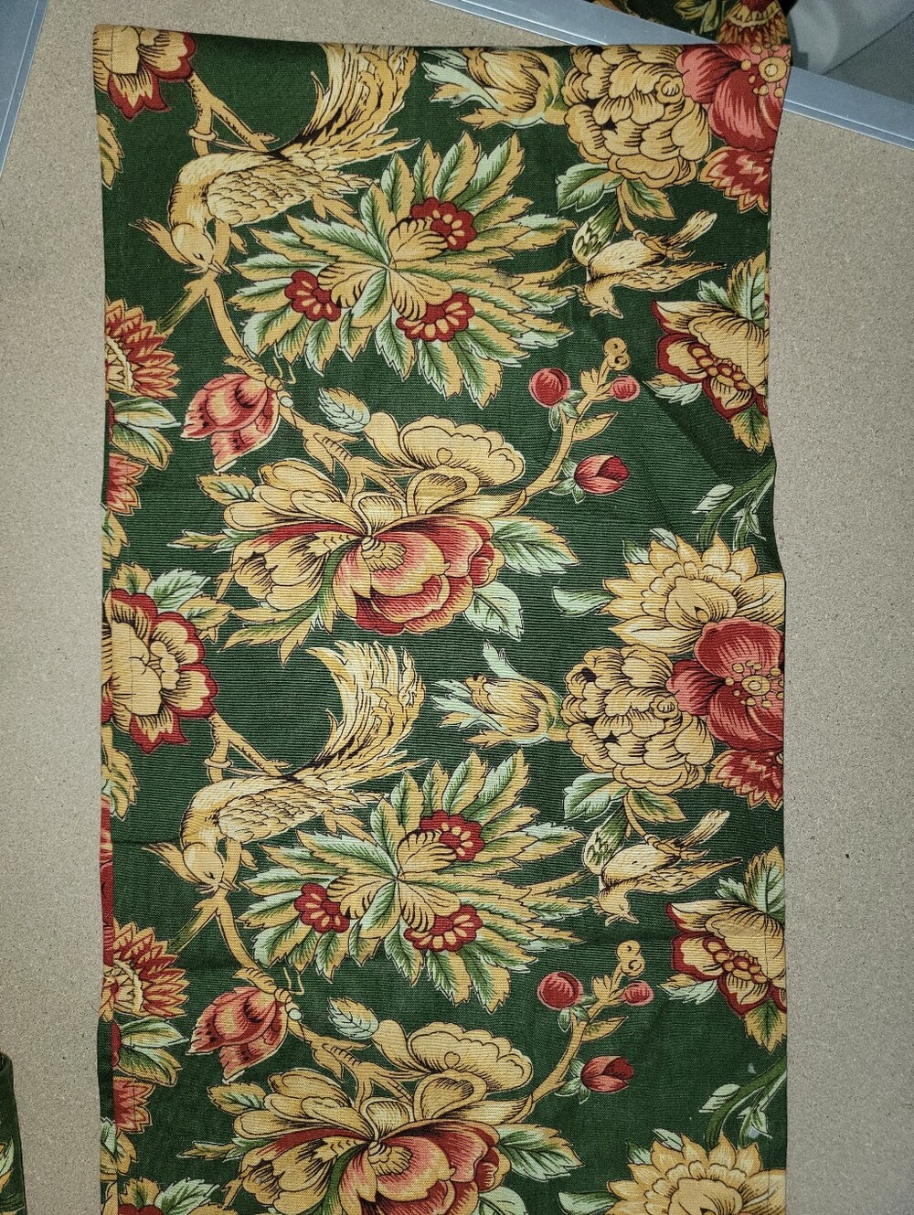 April Cornell Green Table Runner with Gold, Red and Yellow Floral Border 13X68